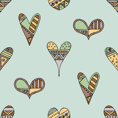 Vector hand drawn seamless pattern, decorative stylized childish hearts. Doodle style, tribal graphic illustration Cute hand drawing in vintage colors. Series of doodle, cartoon, sketch illustrations - 146027260