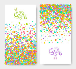 Easter banners set of festive concept design cards with scattered confetti Eggs and greeting inscription. Isolated. Vector illustration