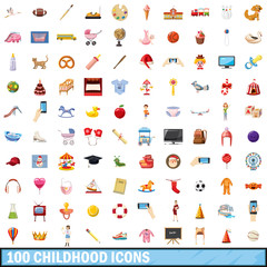 100 childhood icons set, cartoon style