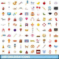 100 childish icons set, cartoon style