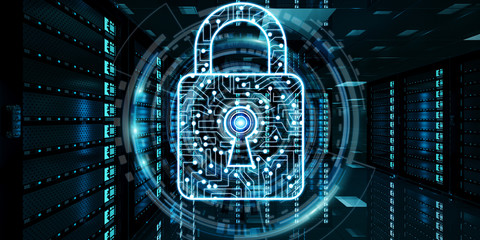 Firewall activated on server room data center 3D rendering