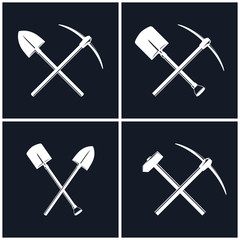 White Tools for Excavation and for Percussion Works Isolated on Black Background, Crossed Shovel and Pickaxe, Crossed Pickaxe and Sledgehammer, Mining Industry and Construction, Vector Illustration