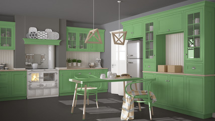 Scandinavian classic kitchen with wooden and green details, minimalistic interior design