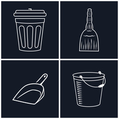 Icons Bucket, Dustbin and Broom, White Cleaning Linear Icons on Black Background, Vector Illustration
