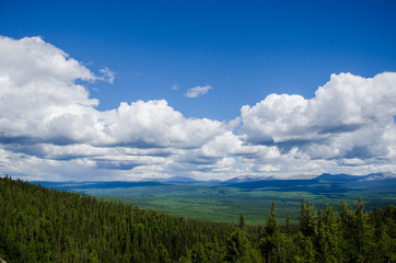 Sky and clouds above the green pine forest from top of mountain