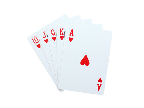Poker hearts of 10 J Q K A playing cards isolated on white background