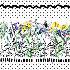 Panele Szklane  Meadow watercolor and ink flower seamless pattern