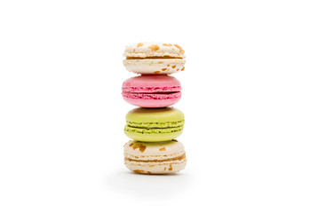 front view of sweet various macaroons isolated on white