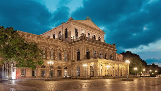 Building of Hannover State Opera in the evening,  Lower Saxony, Germany  (static image with animated sky)
