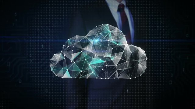 Businessman touched screen, Numerous dots gather to create a Cloud sign, Internet of thing concept, low-polygon web.