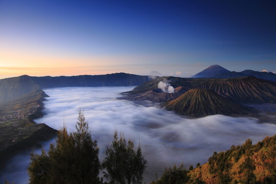 Beautiful Mt. Bromo on sunrise with sea of fog.