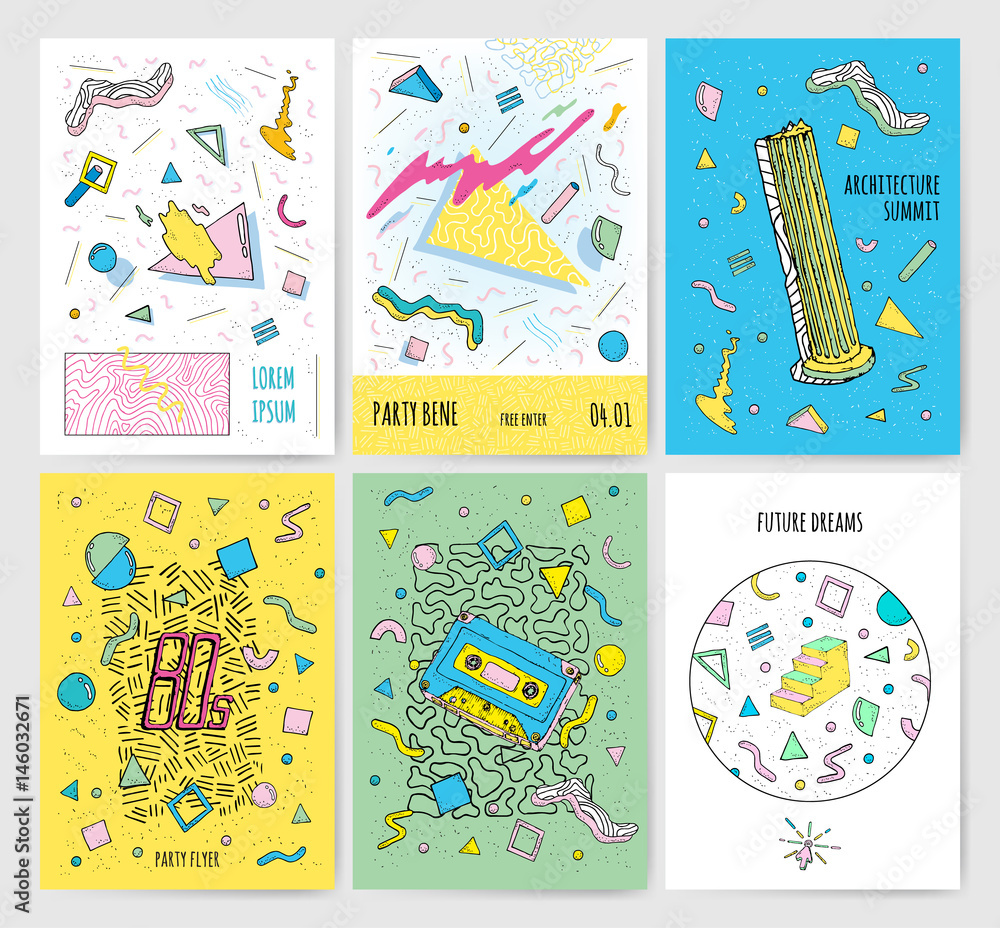 Poster set of abstract modern cards templates with isolated geometric elements. collection in retro style p