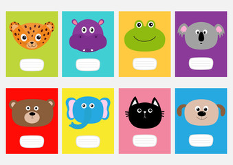 Notebook cover Cat, jaguar, dog, hippopotamus, elephant, bear, frog, koala. Zoo animal head face. Cute cartoon character set. Baby children education. Flat design. White background. Isolated