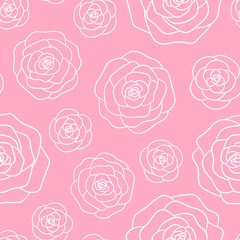 Vector roses white outline seamless pattern on the pink background