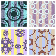 Set of vector seamless patterns with mechanism of watch, metal parts, screw nuts. Creative geometric grunge backgrounds with gear wheel. Texture with cracks, ambrosia, scratches, attrition