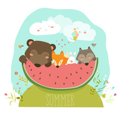 Cute animals eating watermelon slice. Hello summer