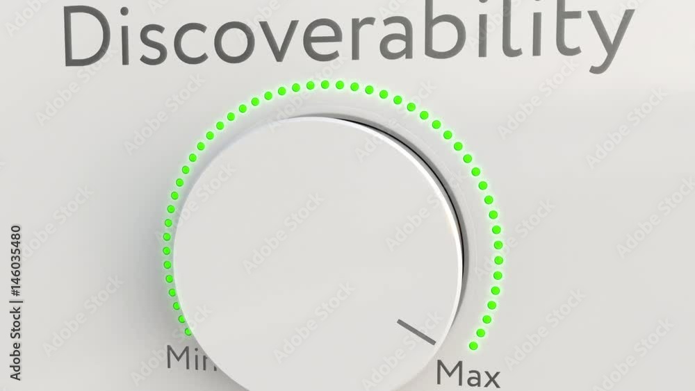 Poster turning white hi-tech knob with discoverability caption from minimum to maximum, close-up. conceptua