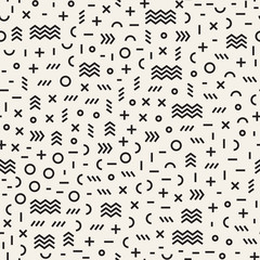 Fototapeta na wymiar Retro geometric line shapes seamless patterns. Abstract jumble textures. Black and white scattered shapes