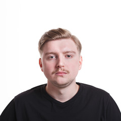 Negative human emotion, sad man isolated on white