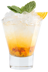 Vodka with ice, sea buckthorn and lemon. Strong alcoholic drink on a white background