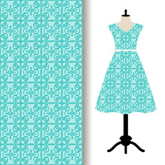 Women dress fabric with blue pattern