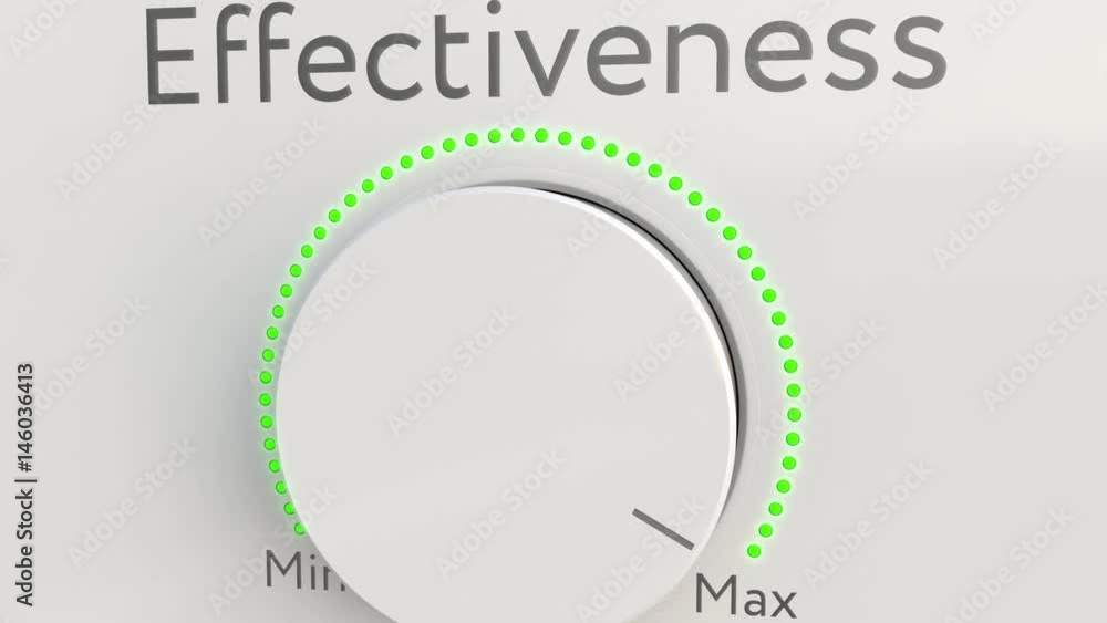 Poster turning white hi-tech knob with effectiveness caption from minimum to maximum, close-up. conceptual 