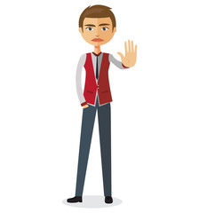 Business man showing stop gesture with hand vector flat cartoon illustration.