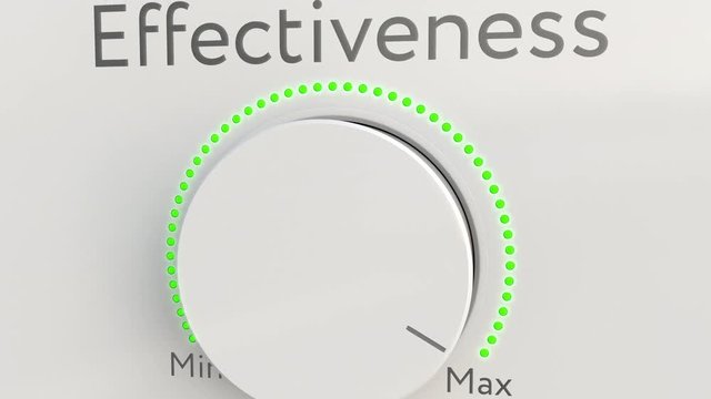 Turning white hi-tech knob with effectiveness caption from minimum to maximum, close-up. Conceptual 4K clip