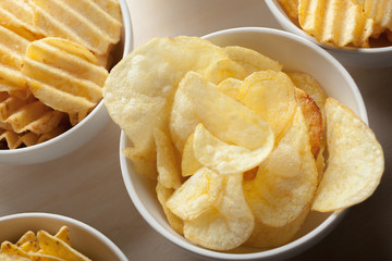 Potato chips in bowl on a table