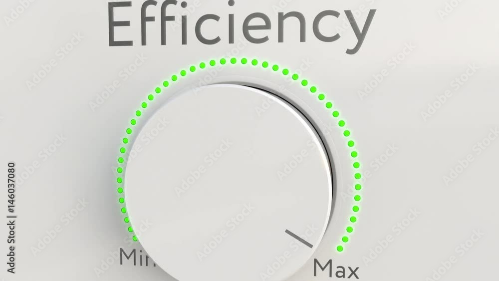 Poster turning white hi-tech knob with efficiency caption from minimum to maximum, close-up. conceptual 4k 
