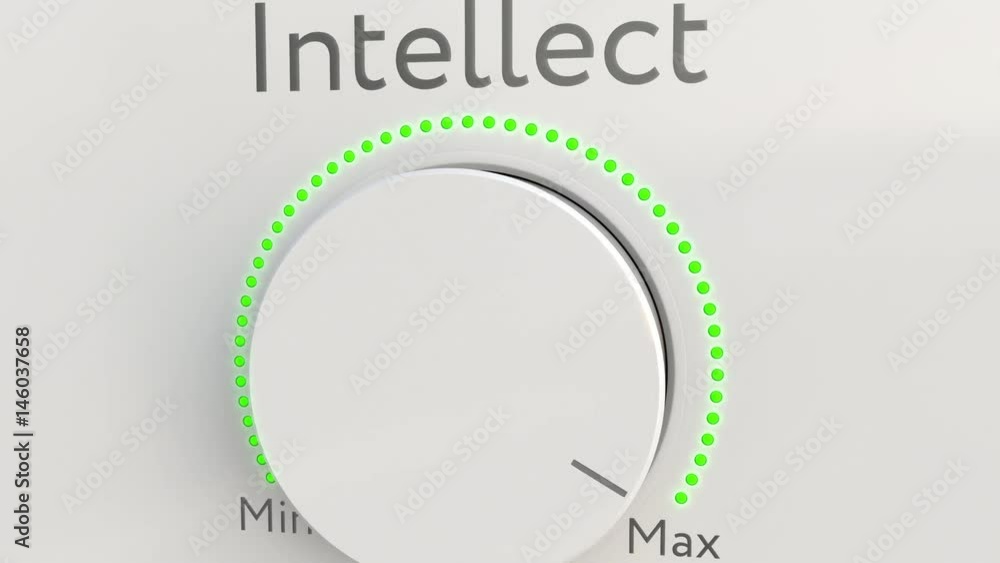Poster turning white hi-tech knob with intellect caption from minimum to maximum, close-up. conceptual 4k c