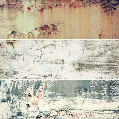 Collection of three horizontal images with vintage grunge rusty old metal texture