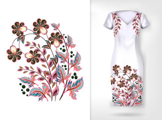 Embroidery colorful trend floral pattern. Vector traditional ornamental flowerspattern on dress mock up. Can be used in dressing clothes, textiles, household items.