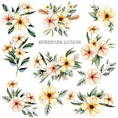 Set of watercolor pink flowers and leaves bouquets illustration, hand drawn isolated on a white background, for a greeting card, decoration of a wedding invitation