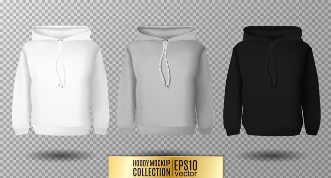 Hoody set. Realistic mockup. Long sleeve hoody template on transparent background. White, black and gray version