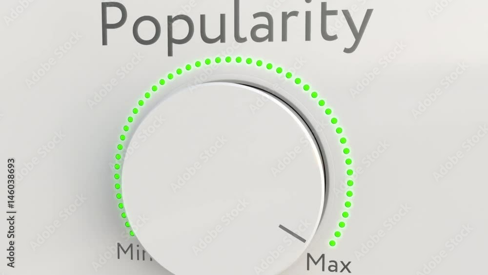 Poster turning white hi-tech knob with popularity caption from minimum to maximum, close-up. conceptual 4k 