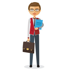 Banker with glasses and briefcase vector flat cartoon illustration.