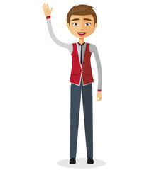 Cheerful young businessman waving her hand vector flat cartoon illustration.