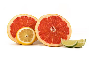 Fototapeta na wymiar Isolated Citrus Fruits. Slices of Lemon, Lime and Grapefruit. Isolated on White Background With Clipping Path.
