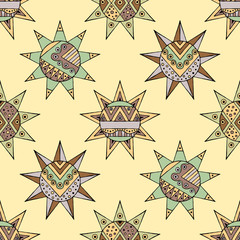Vector seamless hand drawn pattern, decorative stylized vintage childish tribal sun with lights. Doodle style, tribal graphic illustration Line drawing. Series of doodle, cartoon, sketch illustrations - 146039639