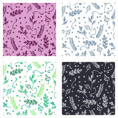 Set of seamless vector hand drawn floral patterns. Endless backgrounds with brahcn, leaves, dots. Graphic illustration. Line drawing, sketch style Series of hand drawn seamless vector patterns