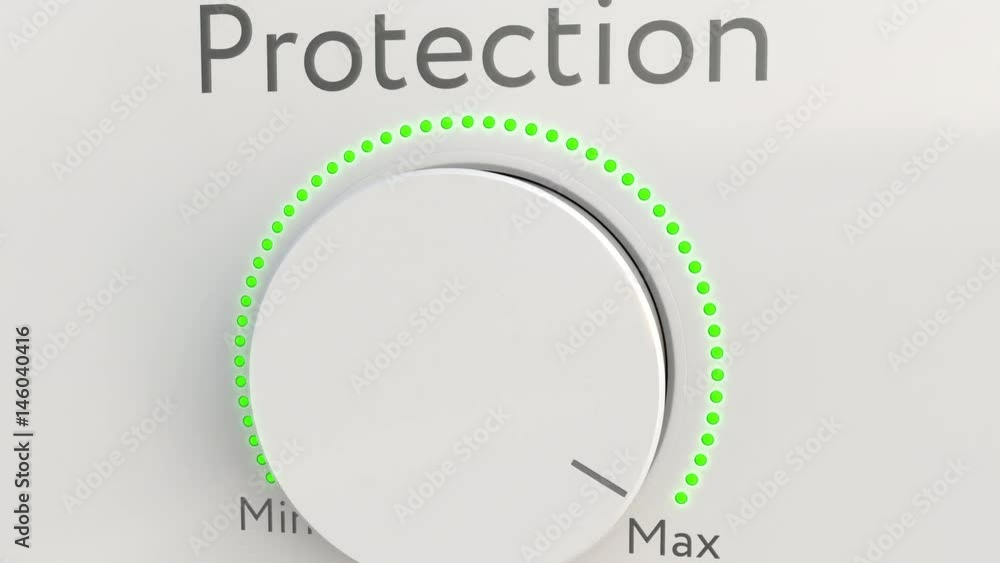 Poster turning white hi-tech knob with protection caption from minimum to maximum, close-up. conceptual 4k 