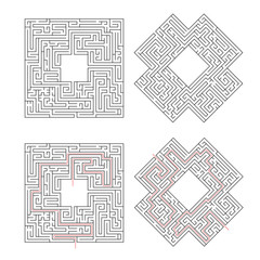 Complicated labyrinths with red path of solution isolated on white
