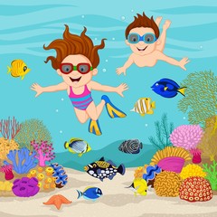 Cartoon kids diving under the tropical ocean