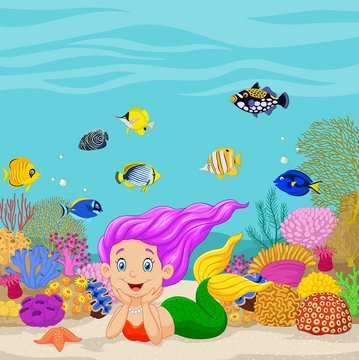 Cartoon mermaid in the underwater background