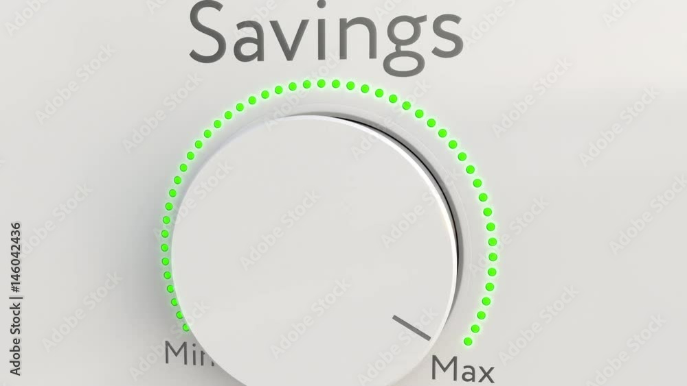 Poster turning white hi-tech knob with savings caption from minimum to maximum, close-up. conceptual 4k cli