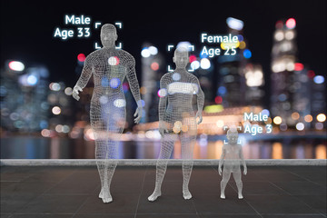 Machine learning systems , accurate facial recognition biometric technology, artificial intelligence concept. 3D Rendering of man , woman ,baby body with blur bokeh city background and stand.
