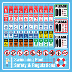 Set of Labels and Signs of Swimming Pool Safety Rules and Regulations for using at Pool Area