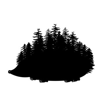 Hedgehog with quills as pine trees silhouette. Spiny forest animal contour vector illustration.