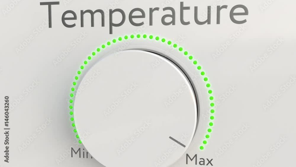 Poster turning white hi-tech knob with temperature caption from minimum to maximum, close-up. conceptual 4k